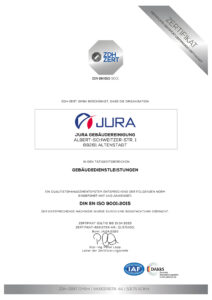 ISO-9001-Zertifikat der Jura Dienstleistungen, gültig bis April 2023