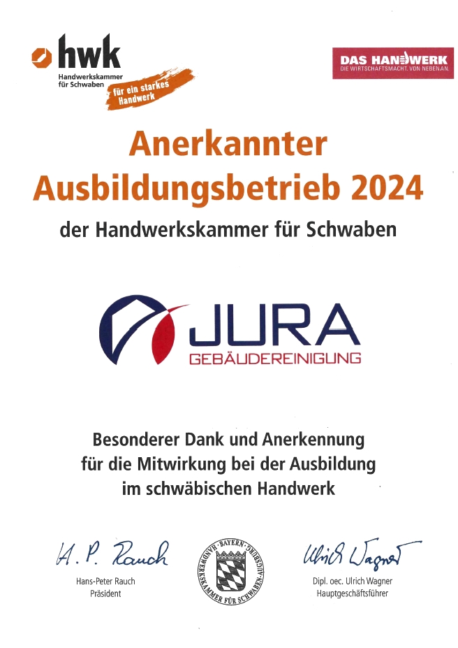 HWK-Zertifikat JURA als anerkannter Ausbildugsbetreb 2024